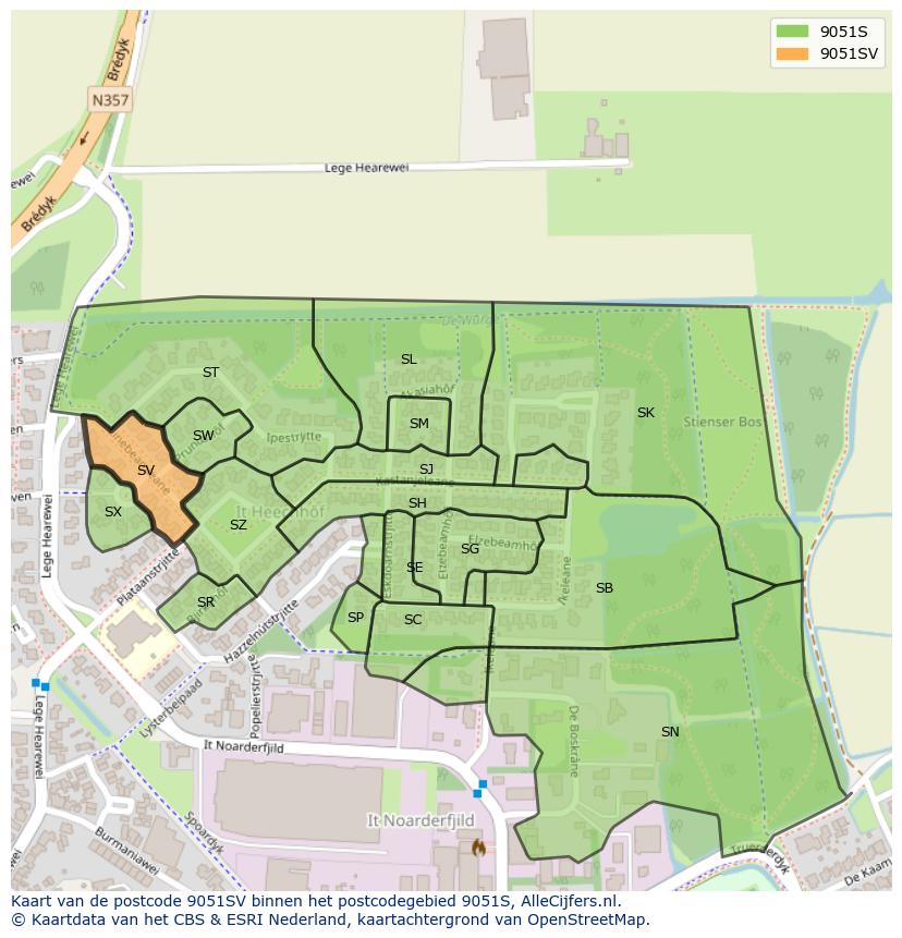 Afbeelding van het postcodegebied 9051 SV op de kaart.