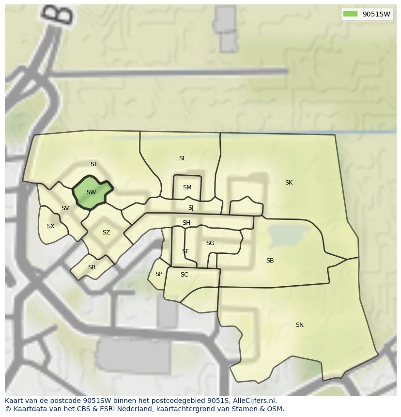 Afbeelding van het postcodegebied 9051 SW op de kaart.