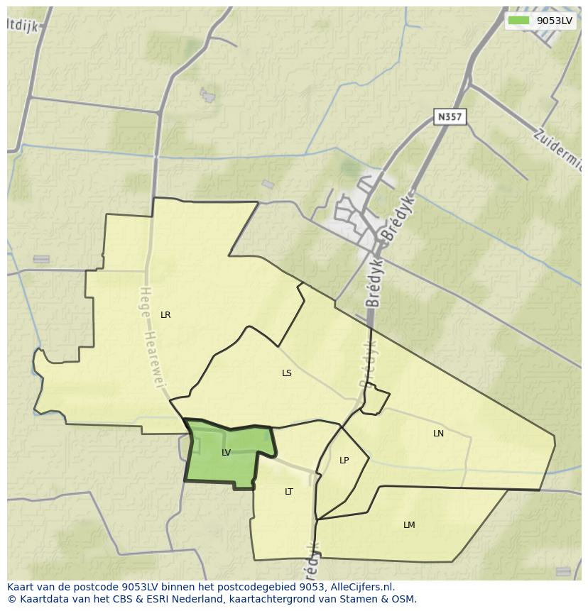 Afbeelding van het postcodegebied 9053 LV op de kaart.
