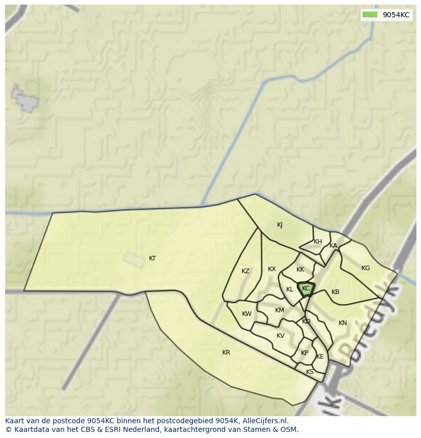 Afbeelding van het postcodegebied 9054 KC op de kaart.