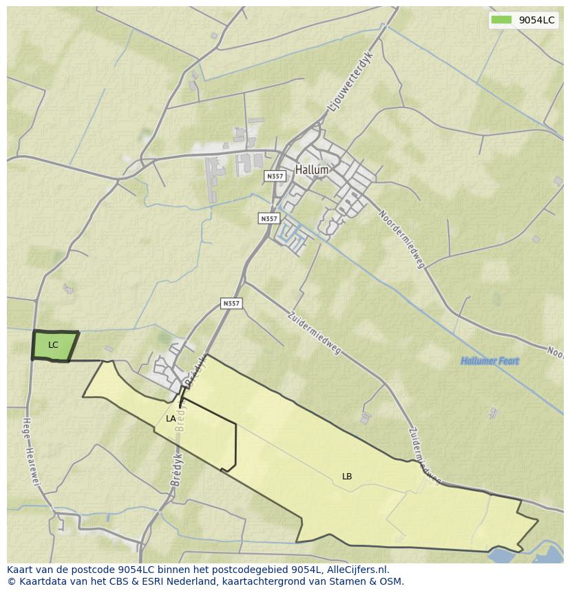 Afbeelding van het postcodegebied 9054 LC op de kaart.