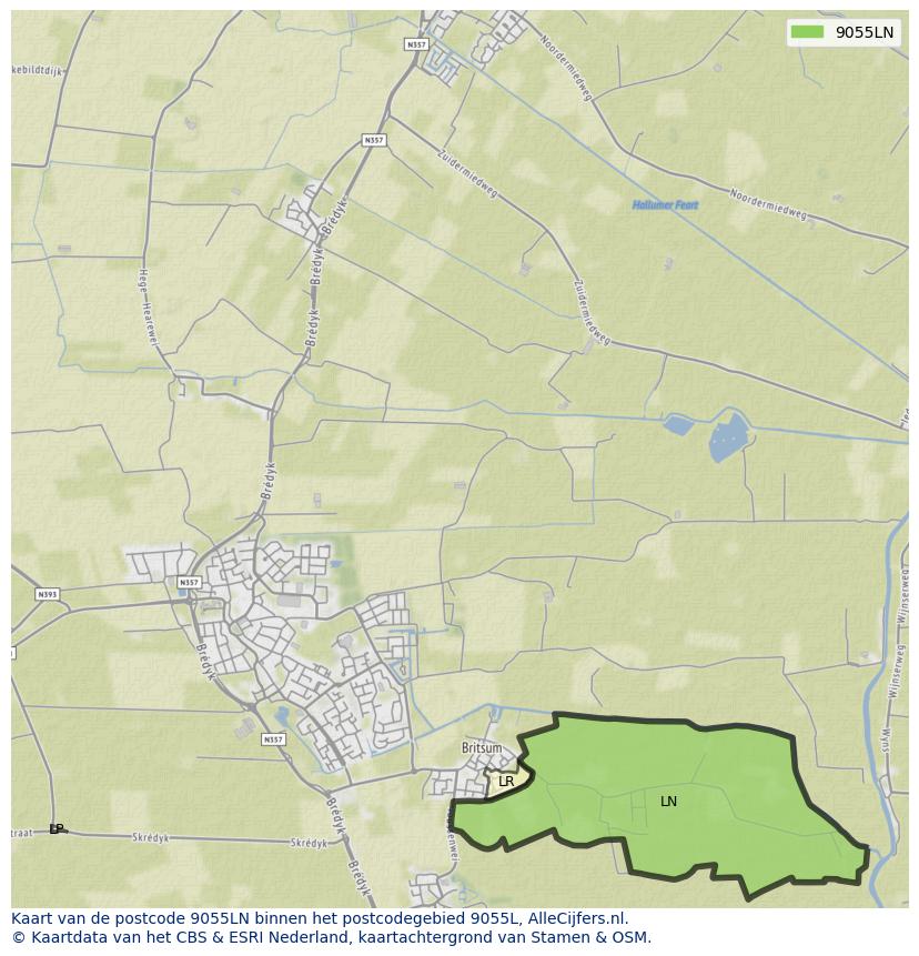 Afbeelding van het postcodegebied 9055 LN op de kaart.