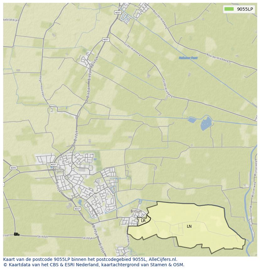 Afbeelding van het postcodegebied 9055 LP op de kaart.