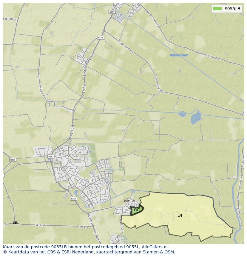 Afbeelding van het postcodegebied 9055 LR op de kaart.