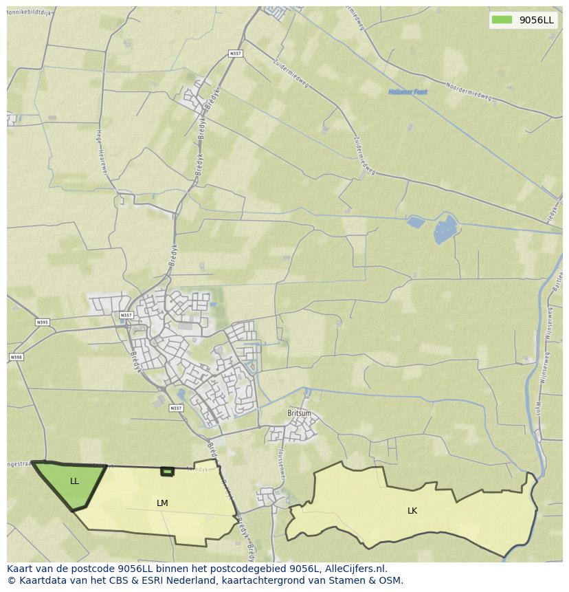 Afbeelding van het postcodegebied 9056 LL op de kaart.