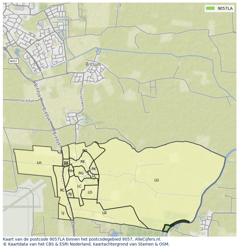 Afbeelding van het postcodegebied 9057 LA op de kaart.