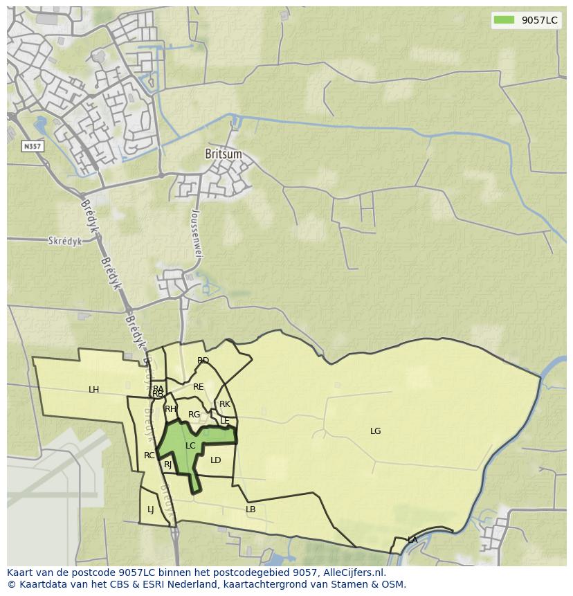 Afbeelding van het postcodegebied 9057 LC op de kaart.