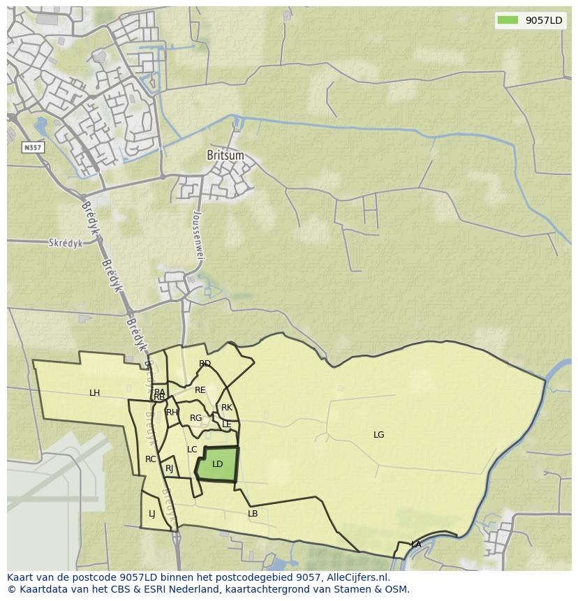 Afbeelding van het postcodegebied 9057 LD op de kaart.