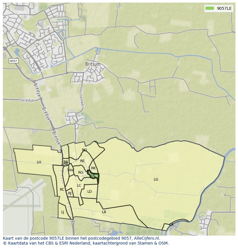Afbeelding van het postcodegebied 9057 LE op de kaart.
