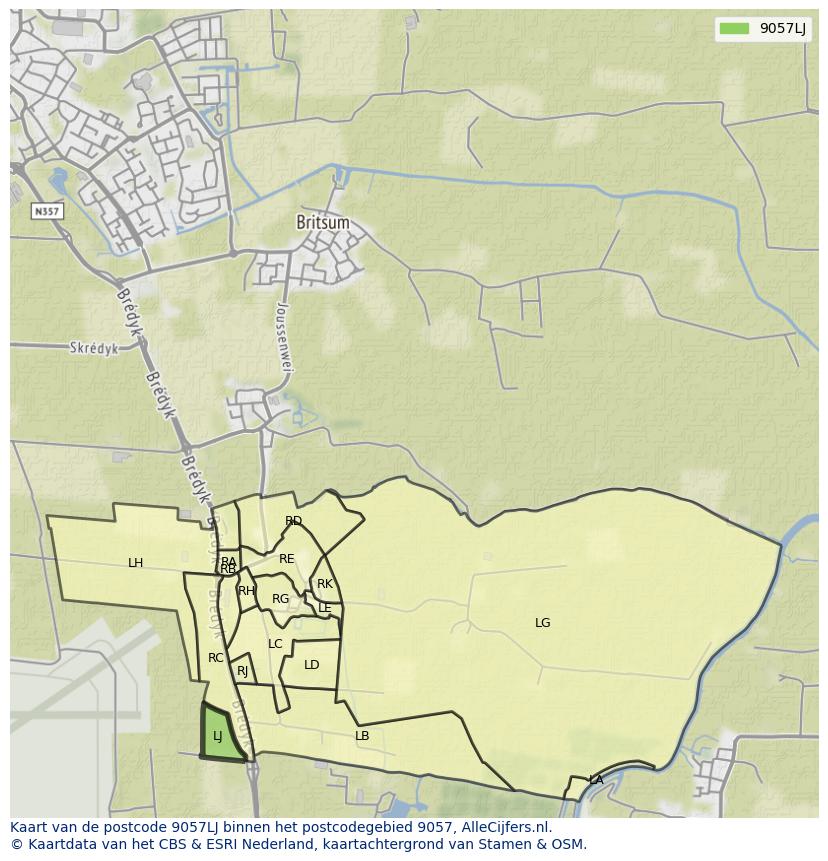 Afbeelding van het postcodegebied 9057 LJ op de kaart.