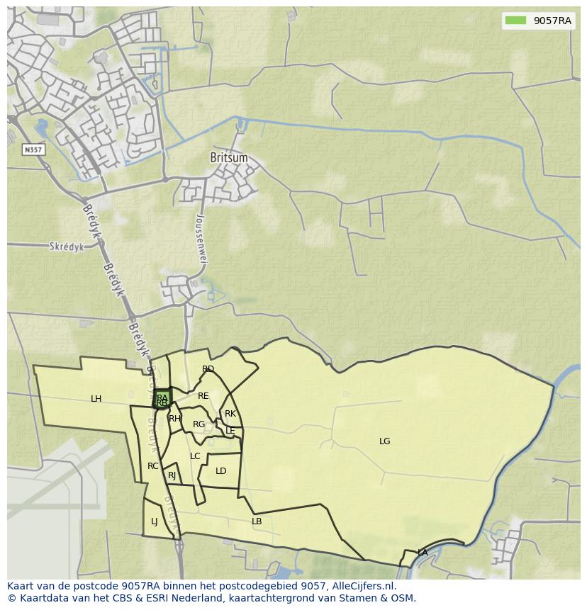 Afbeelding van het postcodegebied 9057 RA op de kaart.