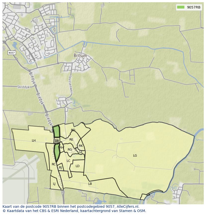 Afbeelding van het postcodegebied 9057 RB op de kaart.