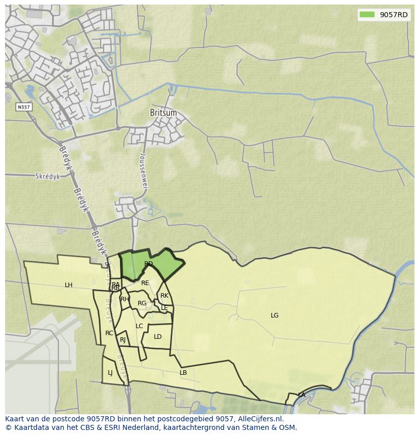 Afbeelding van het postcodegebied 9057 RD op de kaart.
