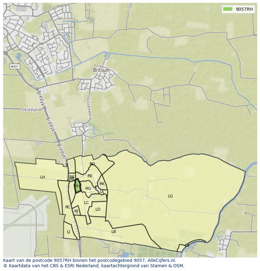 Afbeelding van het postcodegebied 9057 RH op de kaart.