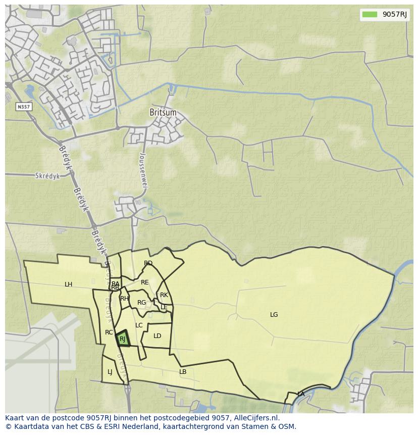 Afbeelding van het postcodegebied 9057 RJ op de kaart.
