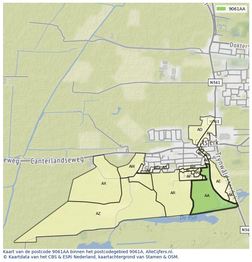 Afbeelding van het postcodegebied 9061 AA op de kaart.