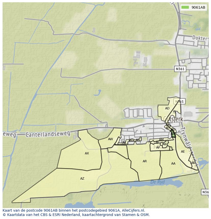 Afbeelding van het postcodegebied 9061 AB op de kaart.