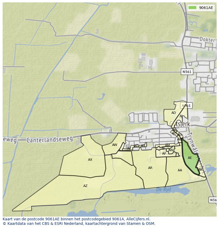 Afbeelding van het postcodegebied 9061 AE op de kaart.
