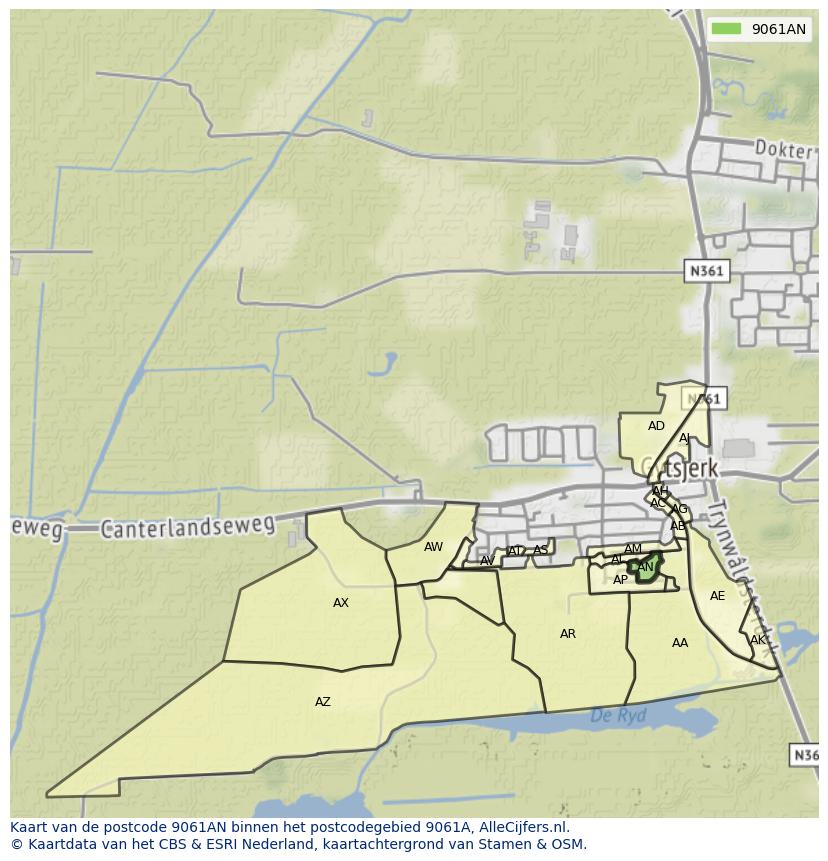 Afbeelding van het postcodegebied 9061 AN op de kaart.
