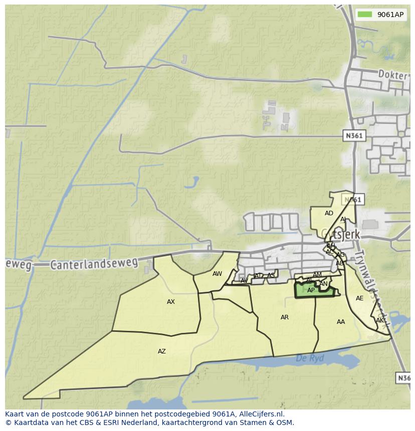 Afbeelding van het postcodegebied 9061 AP op de kaart.