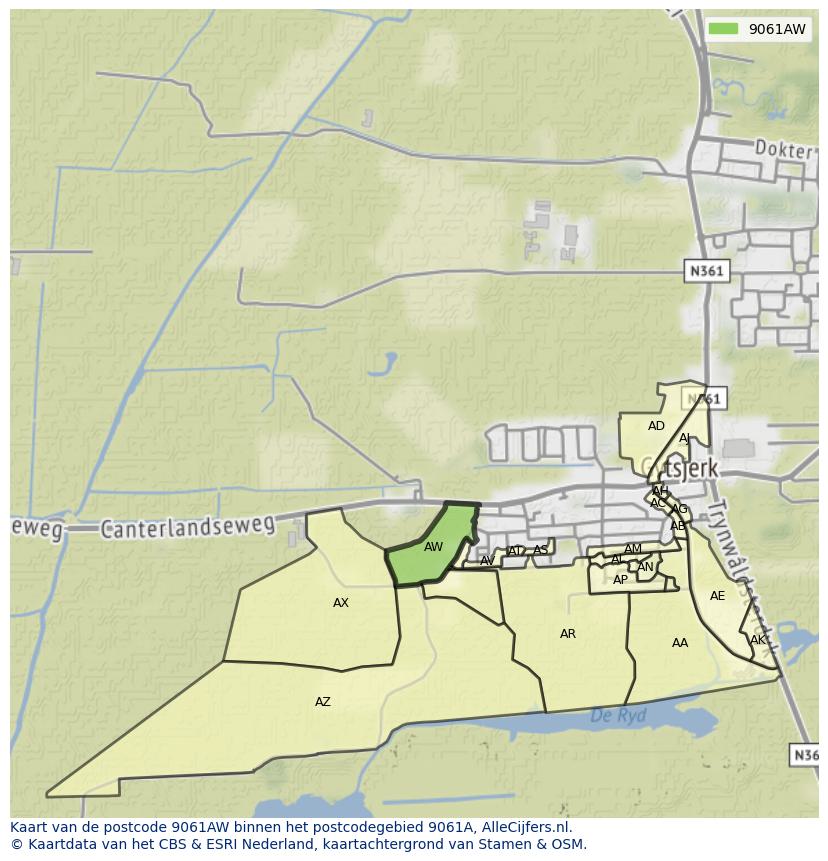 Afbeelding van het postcodegebied 9061 AW op de kaart.