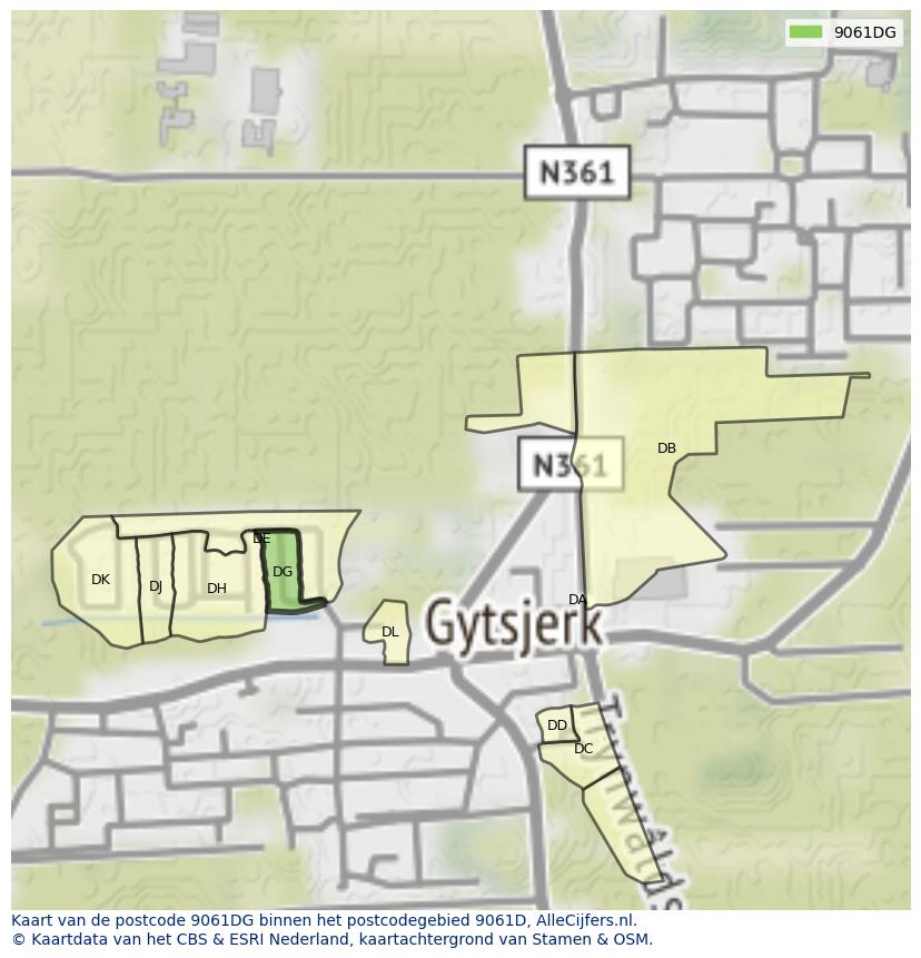 Afbeelding van het postcodegebied 9061 DG op de kaart.