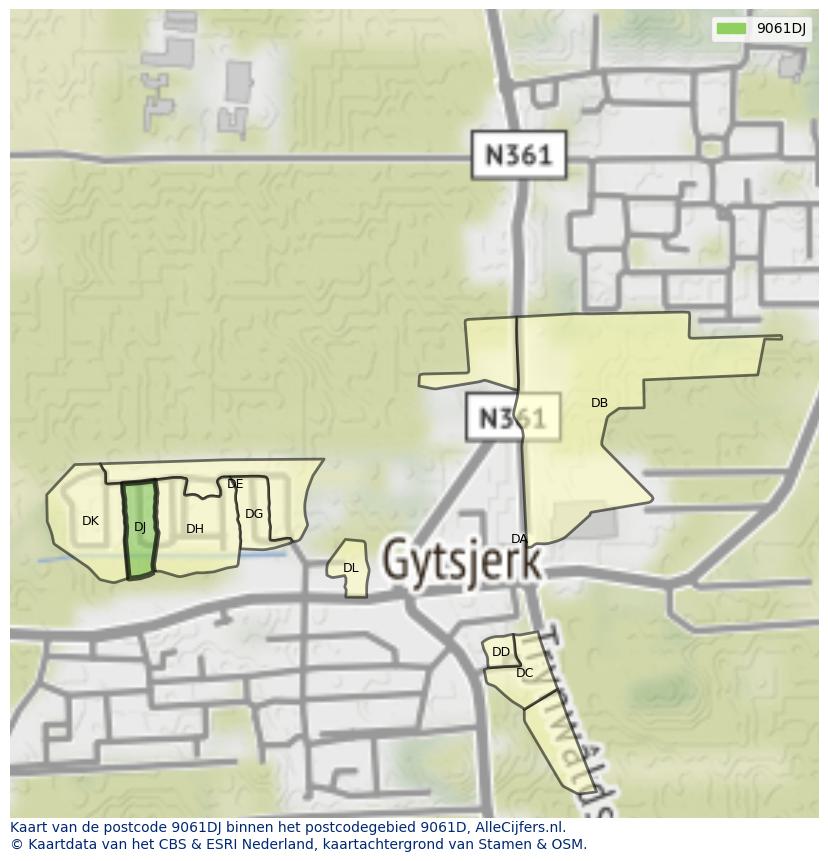 Afbeelding van het postcodegebied 9061 DJ op de kaart.