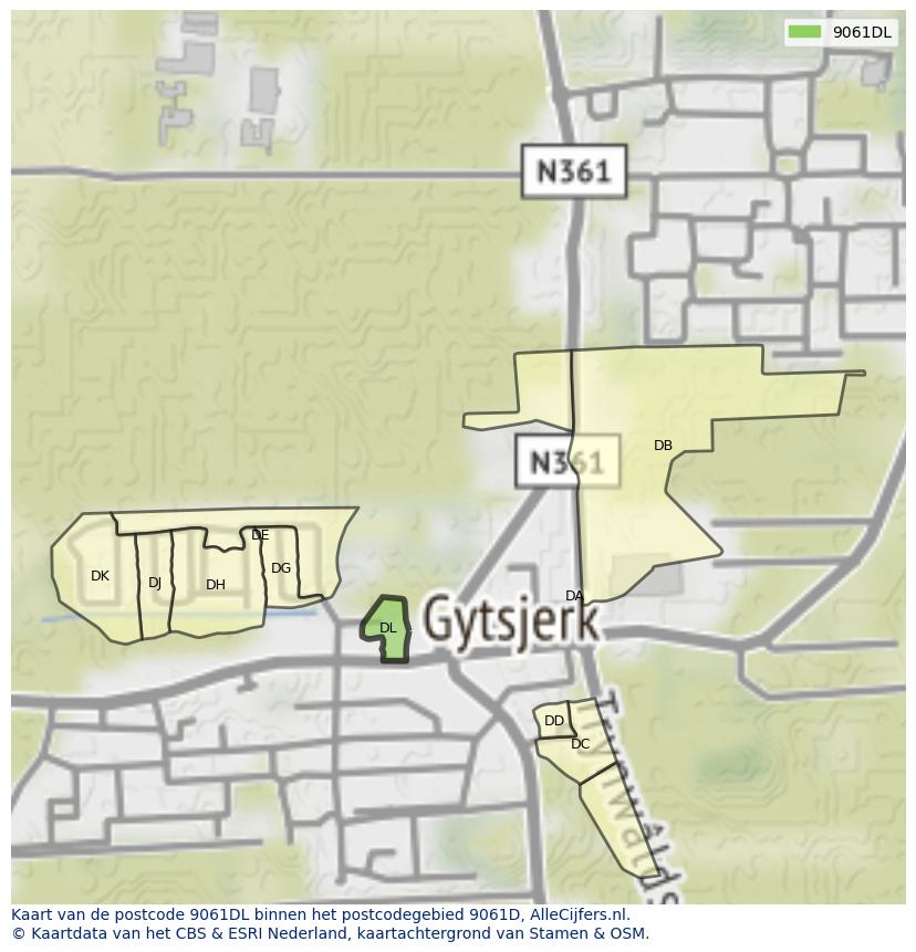 Afbeelding van het postcodegebied 9061 DL op de kaart.