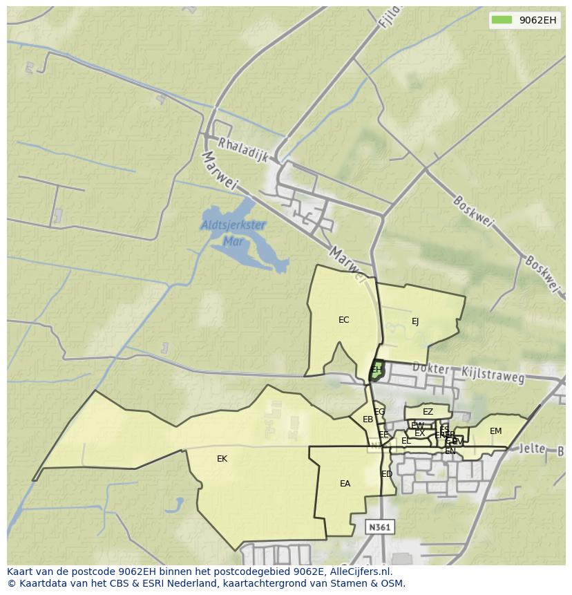 Afbeelding van het postcodegebied 9062 EH op de kaart.