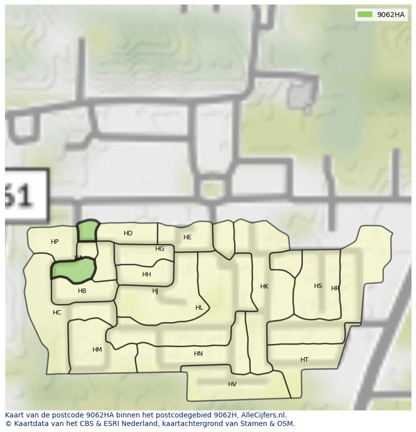 Afbeelding van het postcodegebied 9062 HA op de kaart.