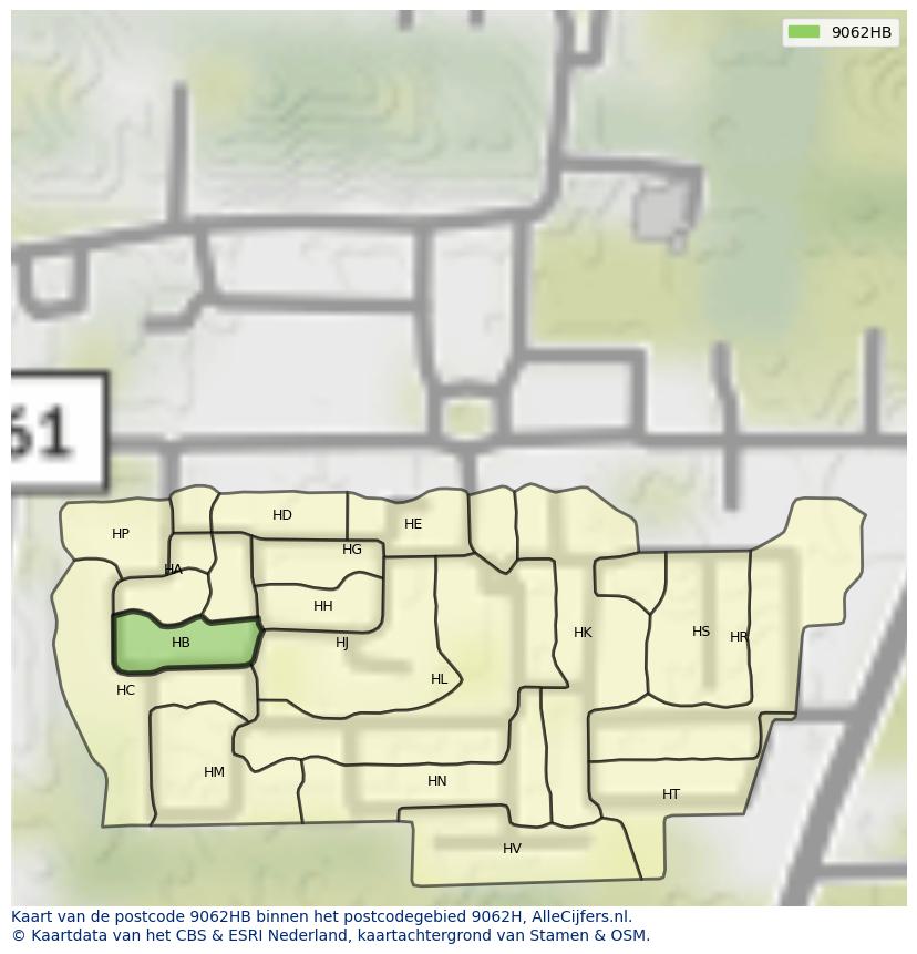 Afbeelding van het postcodegebied 9062 HB op de kaart.