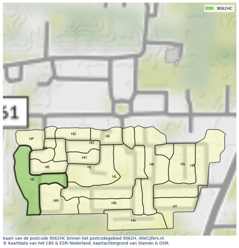 Afbeelding van het postcodegebied 9062 HC op de kaart.