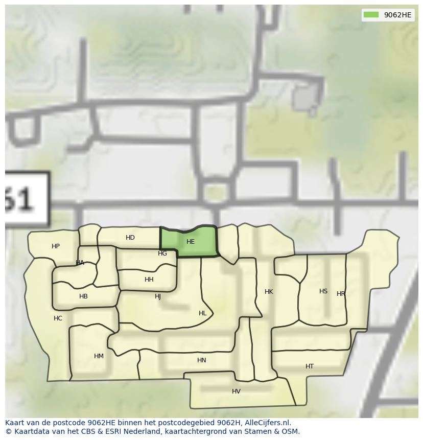 Afbeelding van het postcodegebied 9062 HE op de kaart.