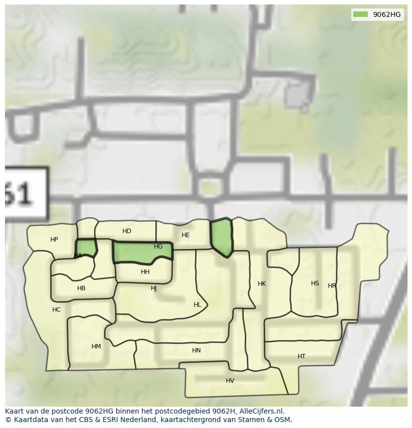 Afbeelding van het postcodegebied 9062 HG op de kaart.