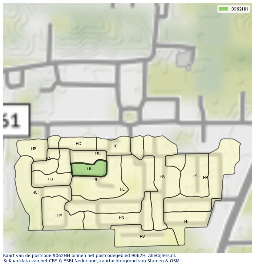 Afbeelding van het postcodegebied 9062 HH op de kaart.
