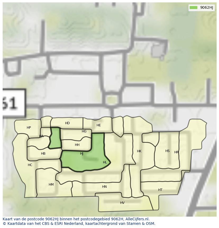 Afbeelding van het postcodegebied 9062 HJ op de kaart.