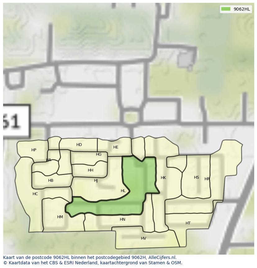 Afbeelding van het postcodegebied 9062 HL op de kaart.