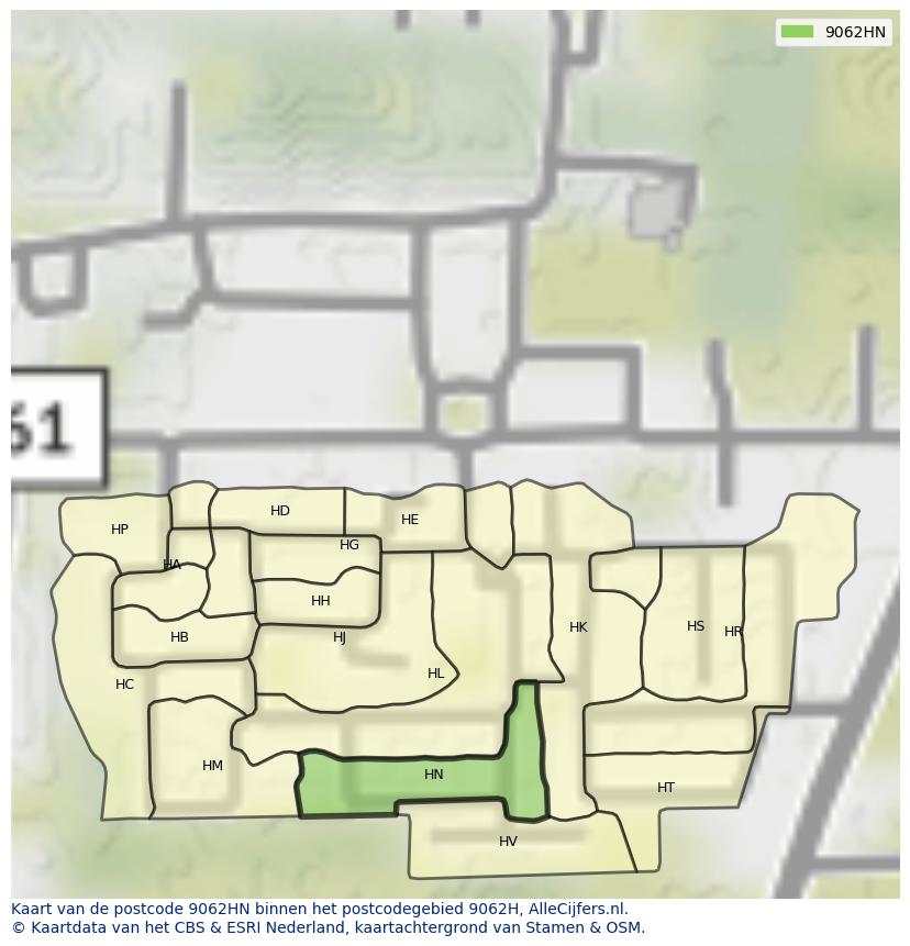 Afbeelding van het postcodegebied 9062 HN op de kaart.