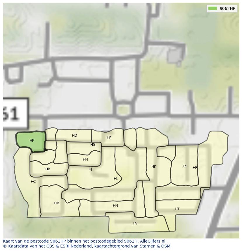 Afbeelding van het postcodegebied 9062 HP op de kaart.