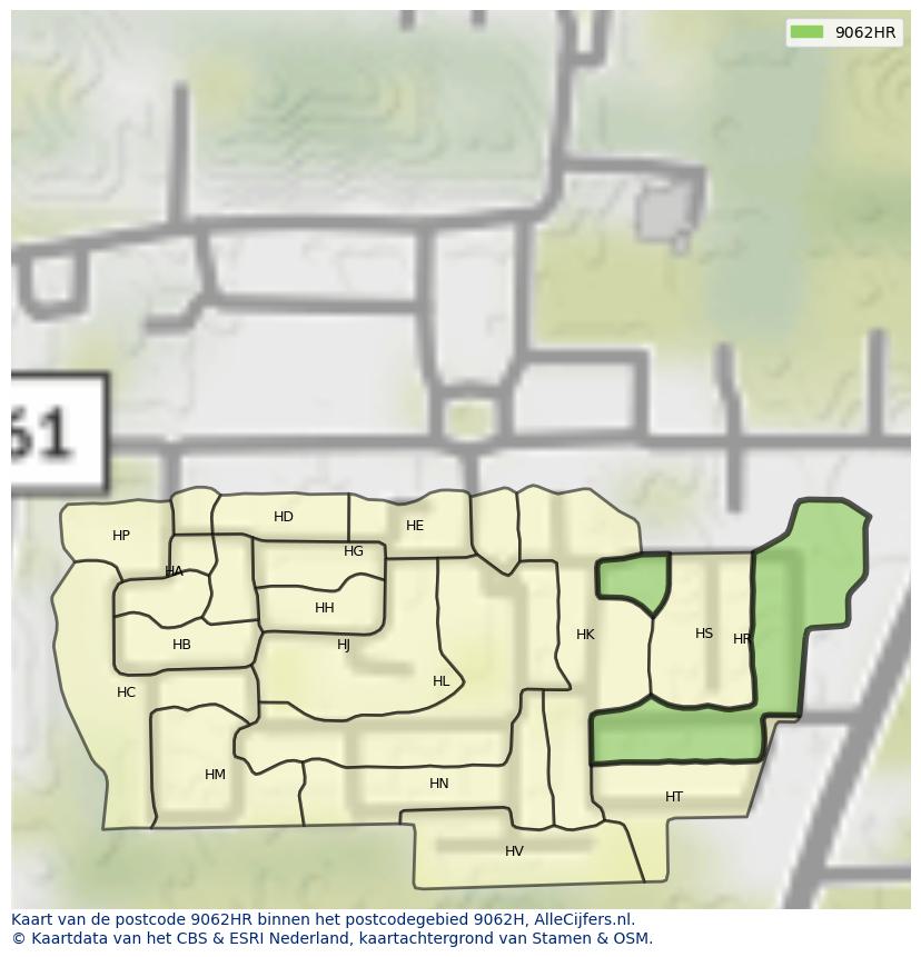 Afbeelding van het postcodegebied 9062 HR op de kaart.