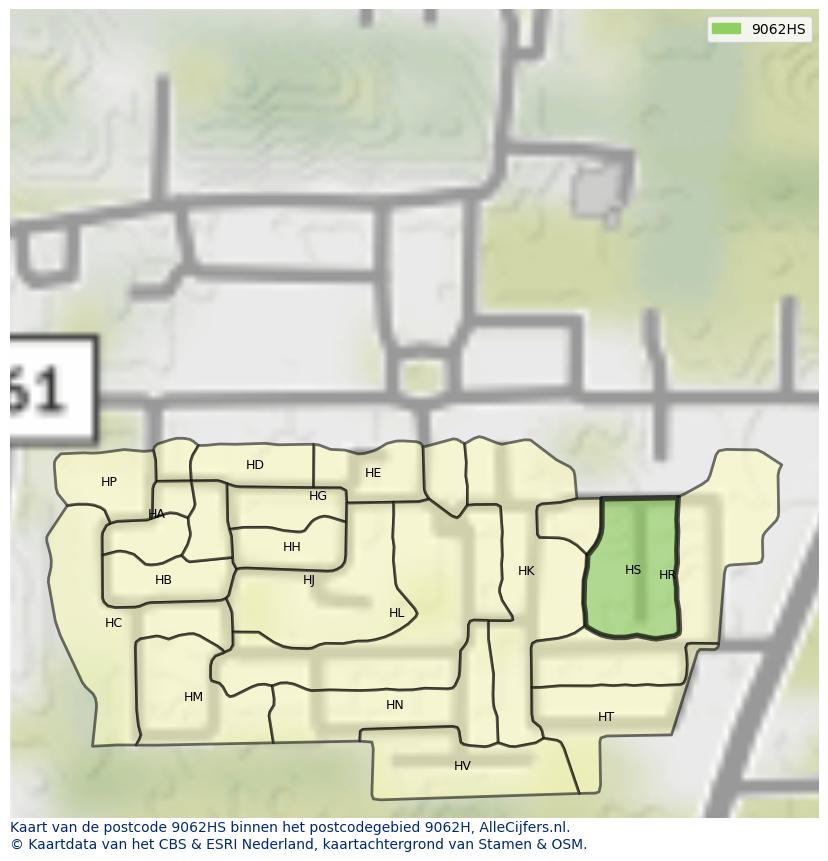 Afbeelding van het postcodegebied 9062 HS op de kaart.