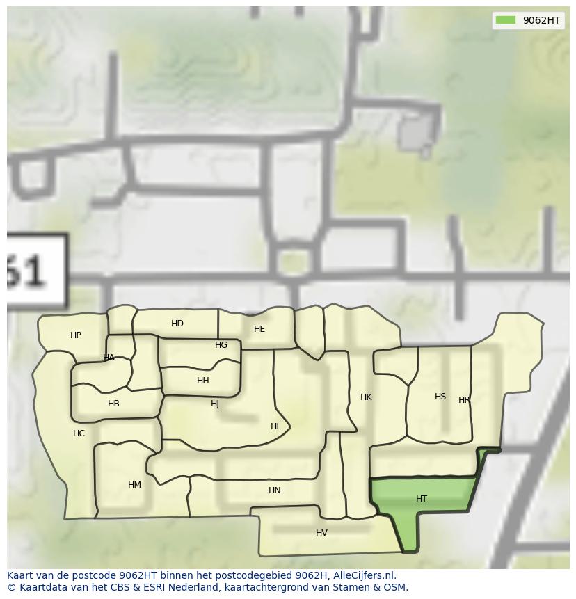 Afbeelding van het postcodegebied 9062 HT op de kaart.