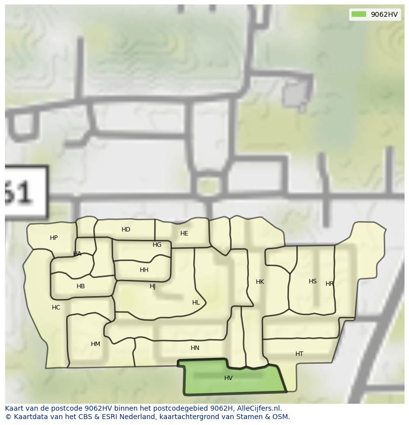 Afbeelding van het postcodegebied 9062 HV op de kaart.