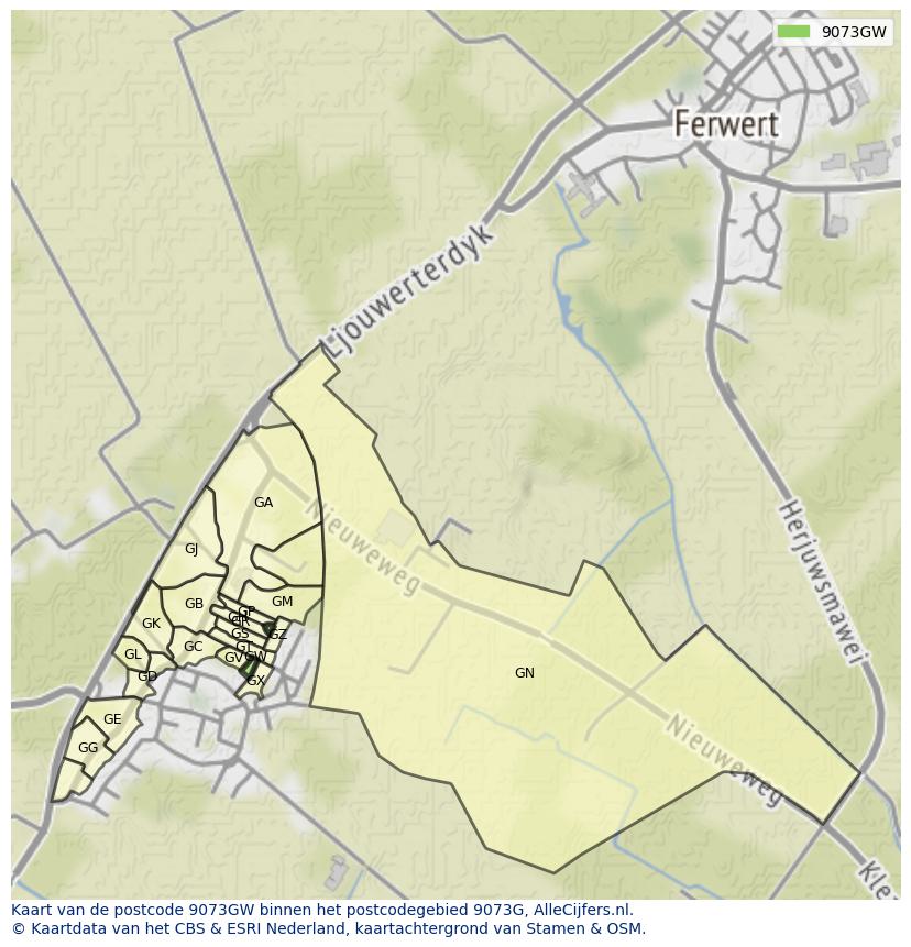 Afbeelding van het postcodegebied 9073 GW op de kaart.