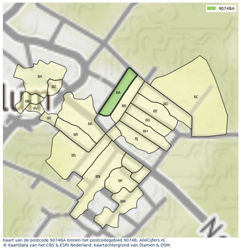 Afbeelding van het postcodegebied 9074 BA op de kaart.