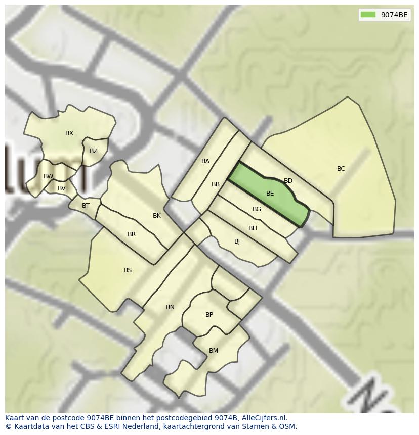 Afbeelding van het postcodegebied 9074 BE op de kaart.