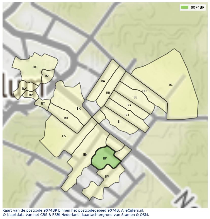 Afbeelding van het postcodegebied 9074 BP op de kaart.