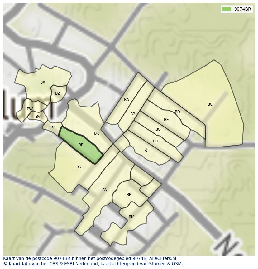 Afbeelding van het postcodegebied 9074 BR op de kaart.