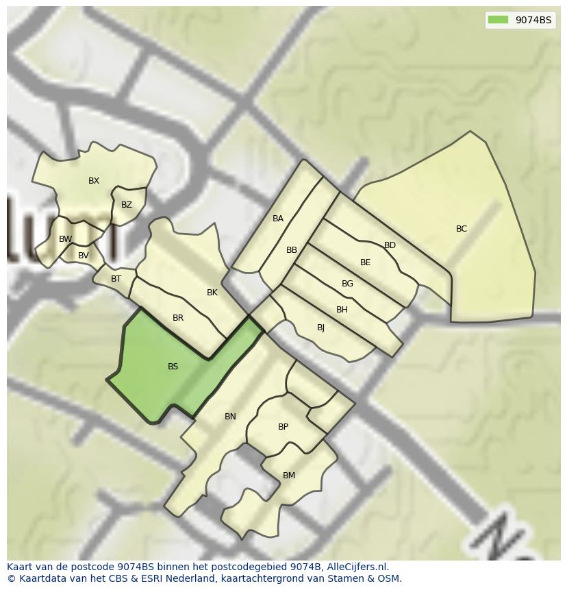 Afbeelding van het postcodegebied 9074 BS op de kaart.