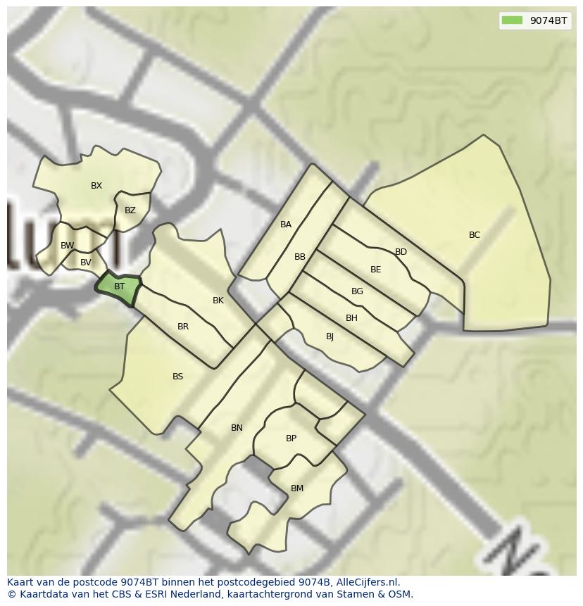 Afbeelding van het postcodegebied 9074 BT op de kaart.